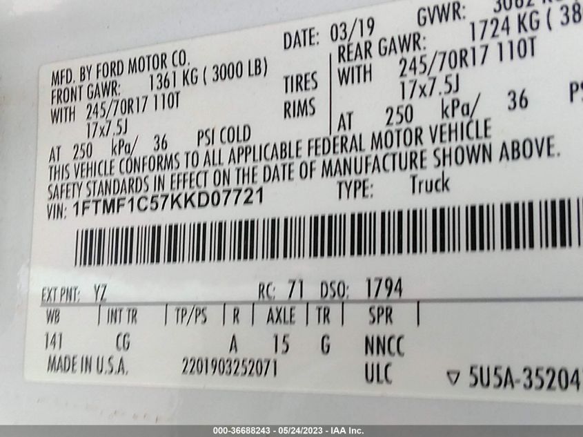 2019 FORD F-150 XL/XLT - 1FTMF1C57KKD07721