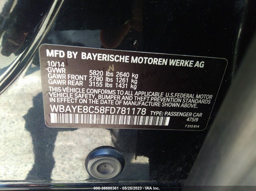 2015 BMW 7 SERIES 750LI/ALPINA B7 - WBAYE8C58FD781178