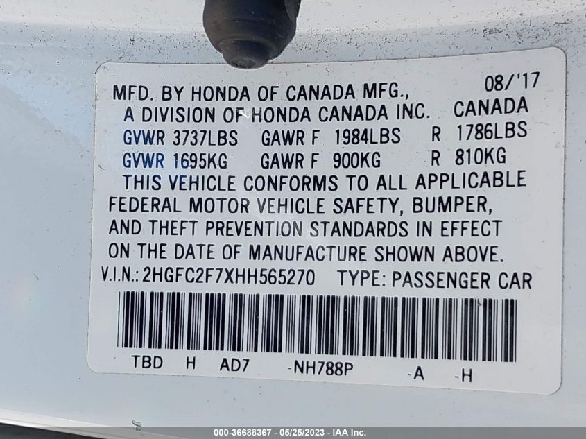 2017 HONDA CIVIC SEDAN EX - 2HGFC2F7XHH565270