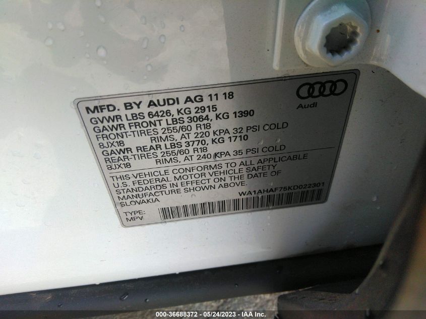 WA1AHAF75KD022301 2019 AUDI Q7, photo no. 9