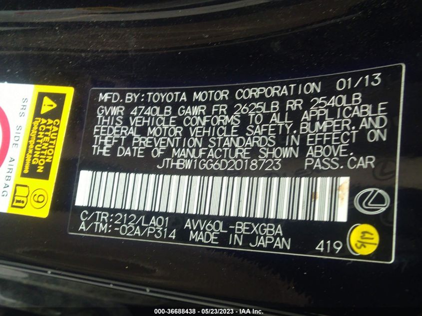 2013 LEXUS ES 300H HYBRID JTHBW1GG6D2018723