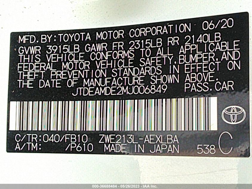 JTDEAMDE2MJ006849 Toyota Corolla HYBRID LE 9