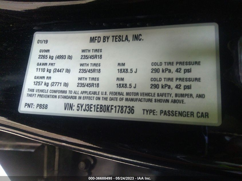 2019 TESLA MODEL 3 - 5YJ3E1EB0KF178736
