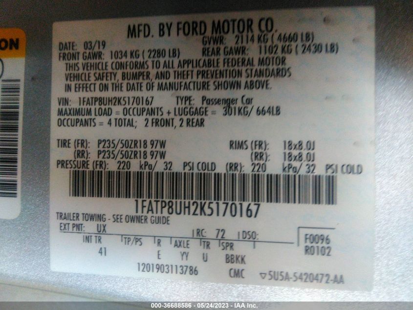2019 FORD MUSTANG ECOBOOST - 1FATP8UH2K5170167