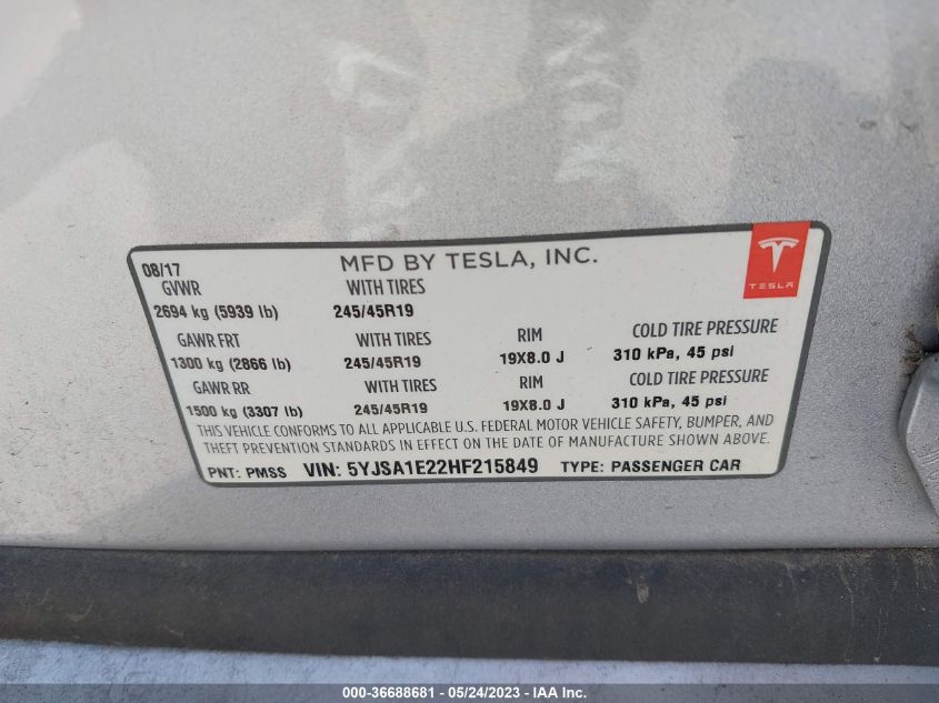 2017 TESLA MODEL S 100D/90D/75D/60D/P100D - 5YJSA1E22HF215849