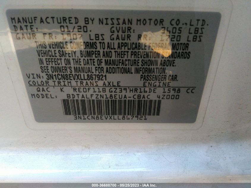 2020 NISSAN VERSA SV - 3N1CN8EVXLL867921