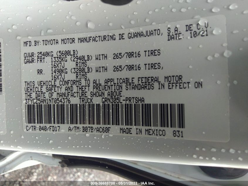 2022 TOYOTA TACOMA 4WD SR/SR5/TRD SPORT - 3TYCZ5AN1NT054376