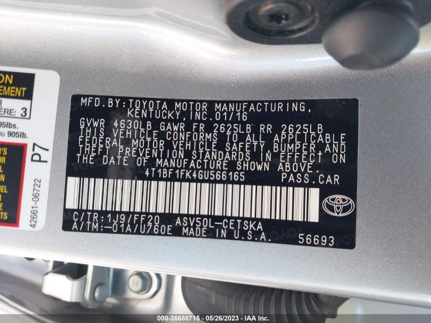 2016 TOYOTA CAMRY XLE/SE/LE/XSE - 4T1BF1FK4GU566165