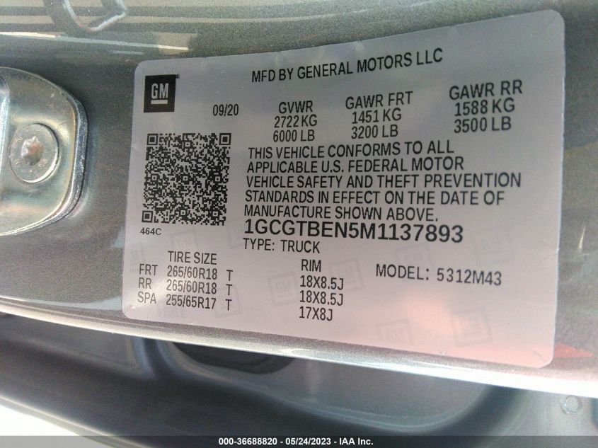2021 CHEVROLET COLORADO 4WD WORK TRUCK - 1GCGTBEN5M1137893