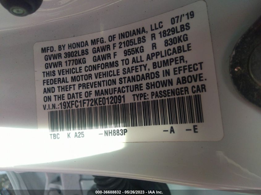 2019 HONDA CIVIC SEDAN EX-L - 19XFC1F72KE012091