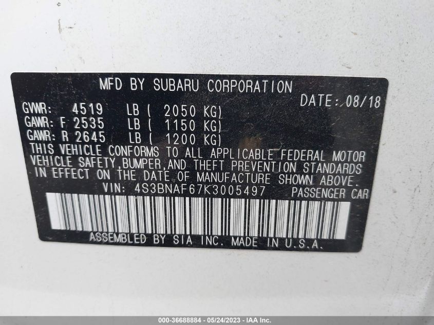 2019 SUBARU LEGACY PREMIUM - 4S3BNAF67K3005497
