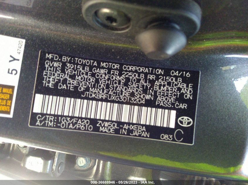 2016 TOYOTA PRIUS TWO - JTDKBRFUXG3013204
