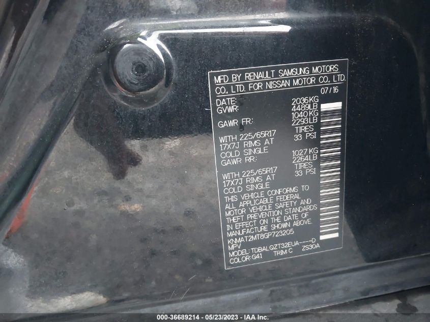 2016 NISSAN ROGUE SV - KNMAT2MT8GP723205