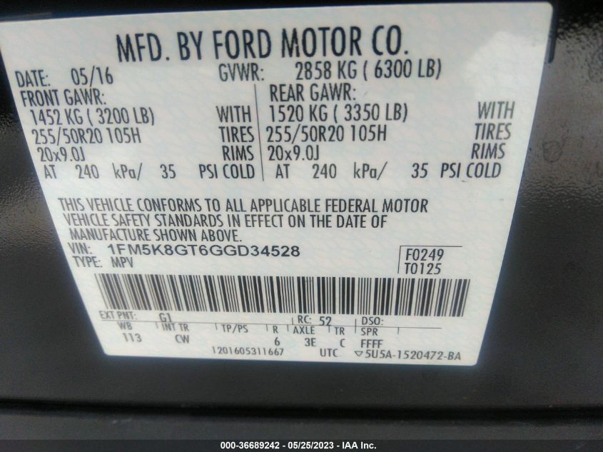 2016 FORD EXPLORER SPORT - 1FM5K8GT6GGD34528