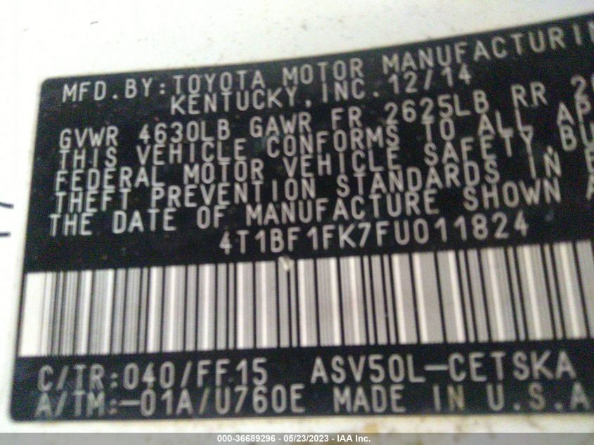 2015 TOYOTA CAMRY XLE/SE/LE/XSE - 4T1BF1FK7FU011824