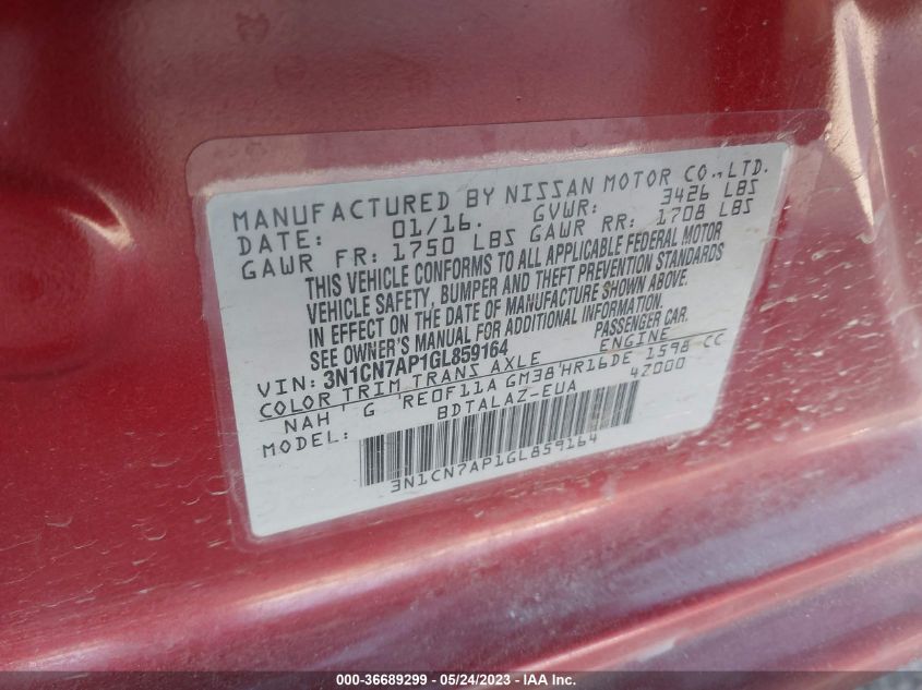 2016 NISSAN VERSA S PLUS - 3N1CN7AP1GL859164