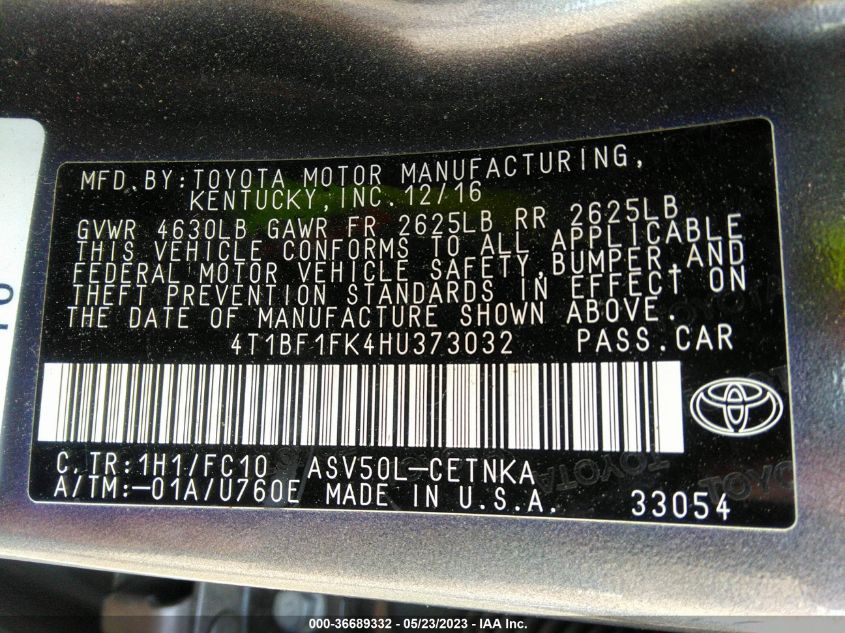 2017 TOYOTA CAMRY XLE/SE/LE/XSE - 4T1BF1FK4HU373032