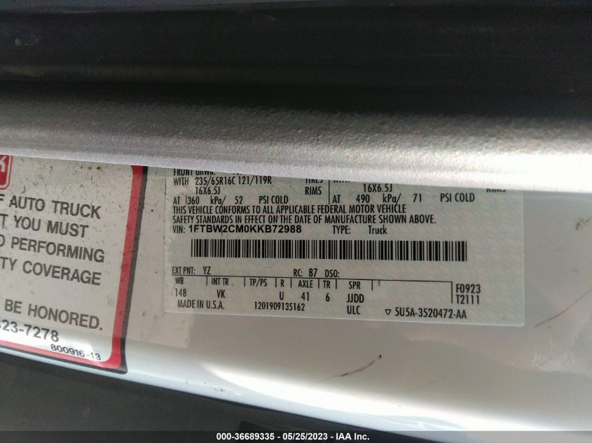 2019 FORD TRANSIT VAN - 1FTBW2CM0KKB72988