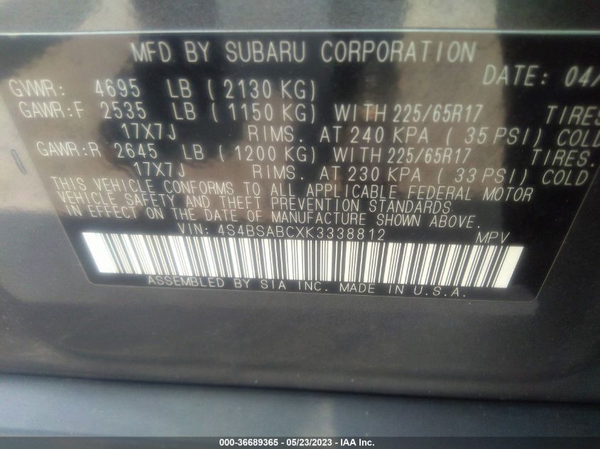2019 SUBARU OUTBACK - 4S4BSABCXK3338812
