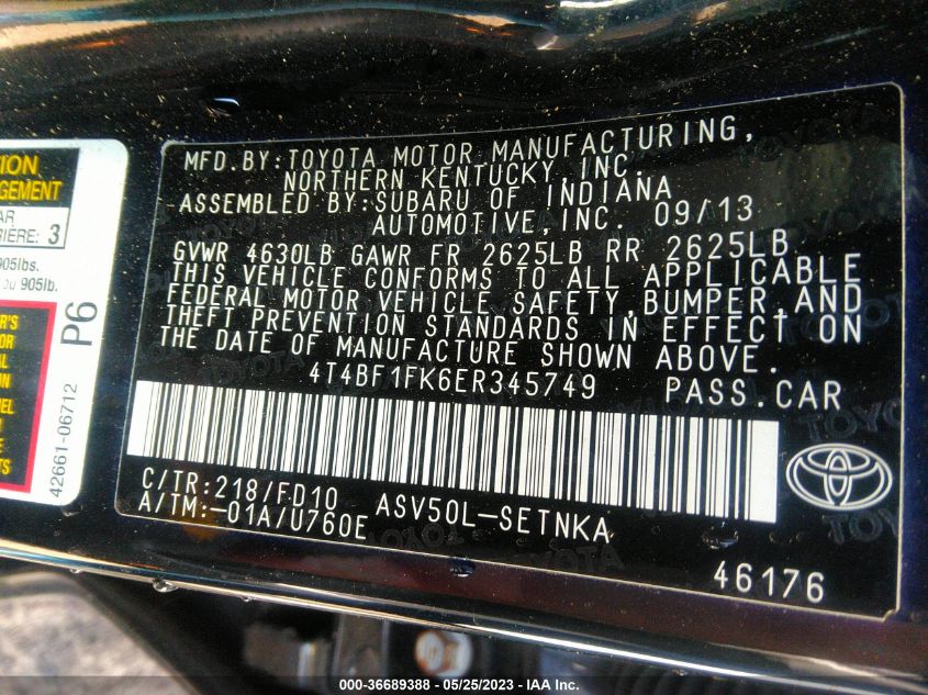 2014 TOYOTA CAMRY L/LE/XLE/SE/SE SPORT - 4T4BF1FK6ER345749