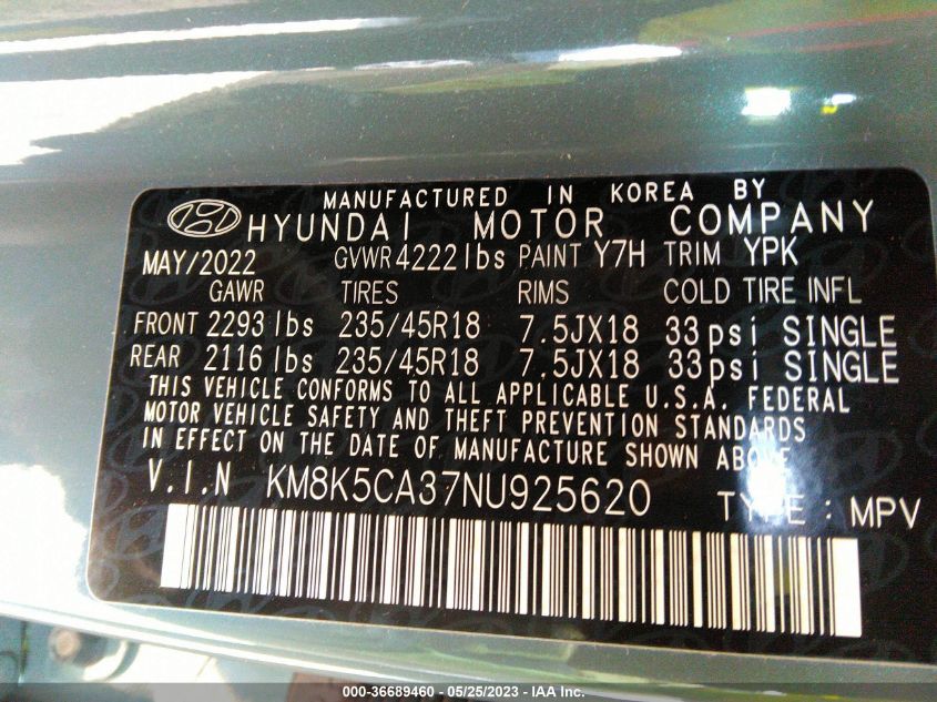 2022 HYUNDAI KONA LIMITED - KM8K5CA37NU925620