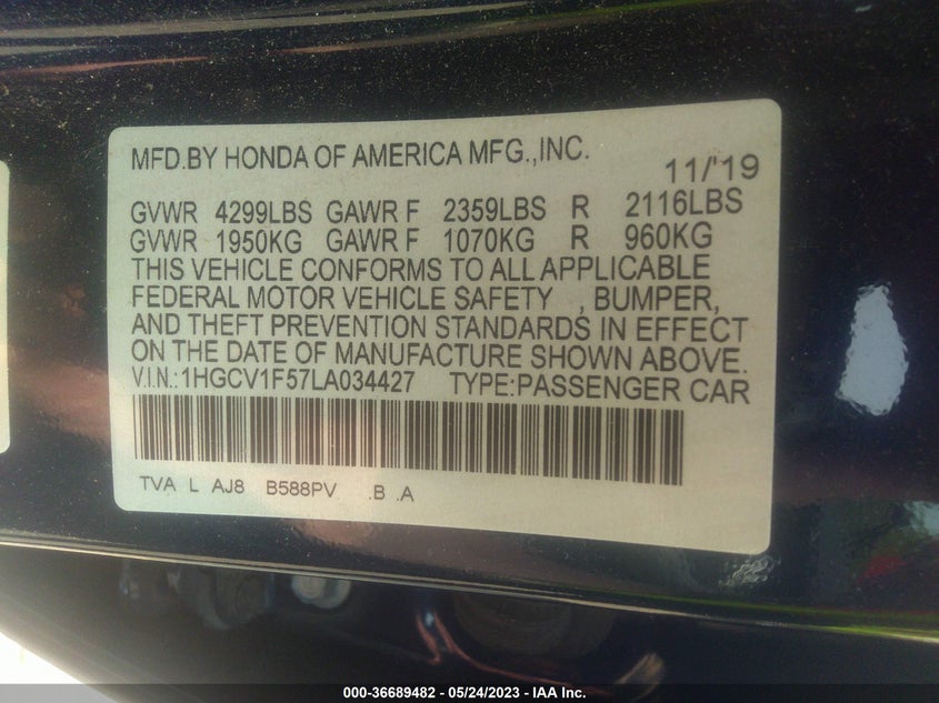 VIN 1HGCV1F57LA034427 2020 HONDA ACCORD SEDAN EX-L