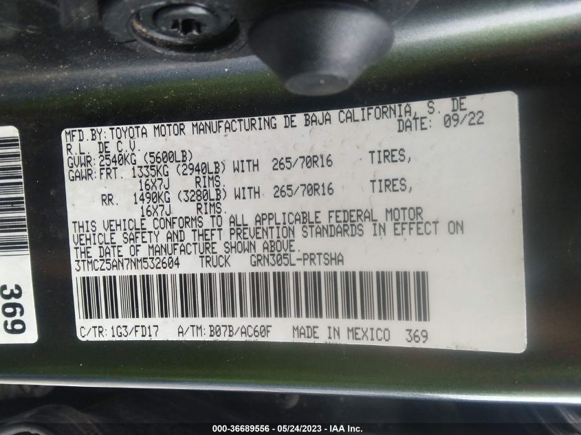 2022 TOYOTA TACOMA 4WD SR/SR5/TRD SPORT 3TMCZ5AN7NM532604