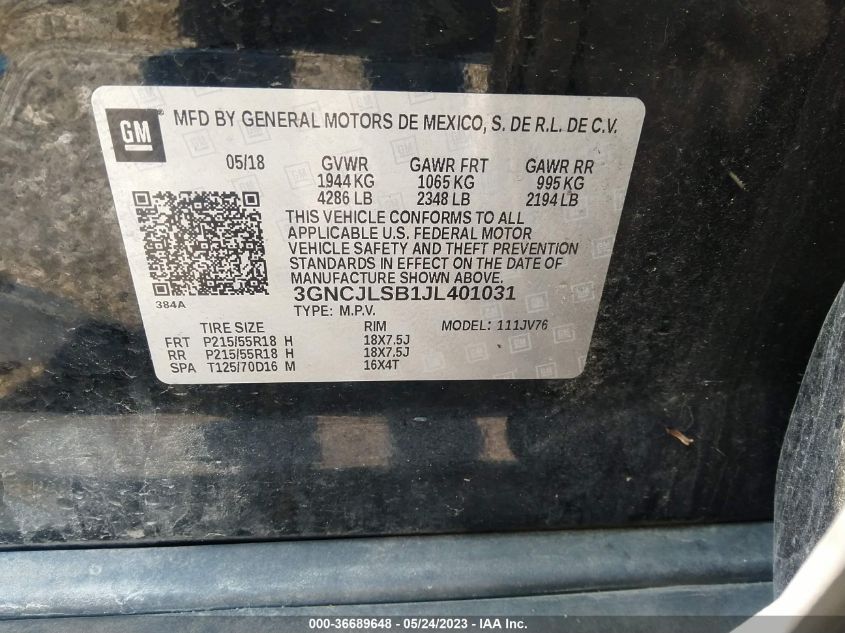 2018 CHEVROLET TRAX LT - 3GNCJLSB1JL401031