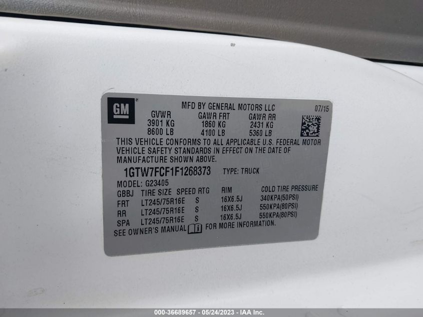 2015 GMC SAVANA CARGO VAN - 1GTW7FCF1F1268373
