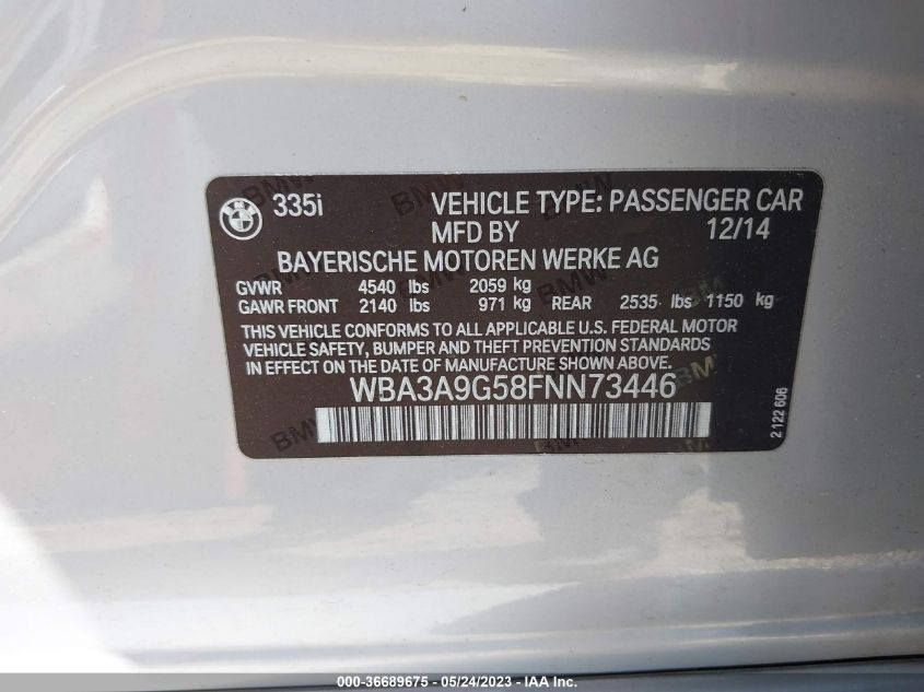 2015 BMW 3 SERIES 335I - WBA3A9G58FNN73446