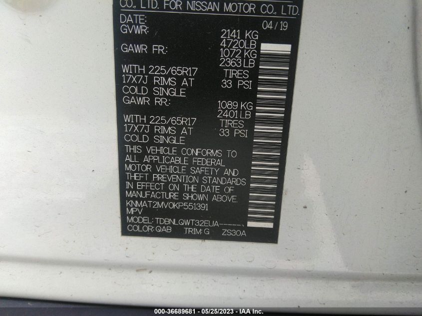 2019 NISSAN ROGUE SV - KNMAT2MV0KP551391