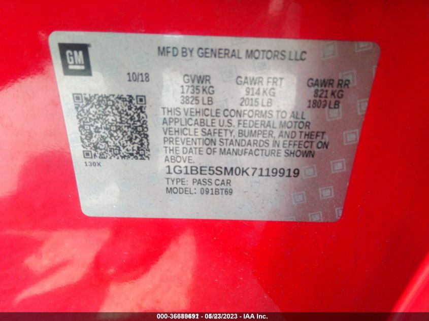 2019 CHEVROLET CRUZE LT - 1G1BE5SM0K7119919
