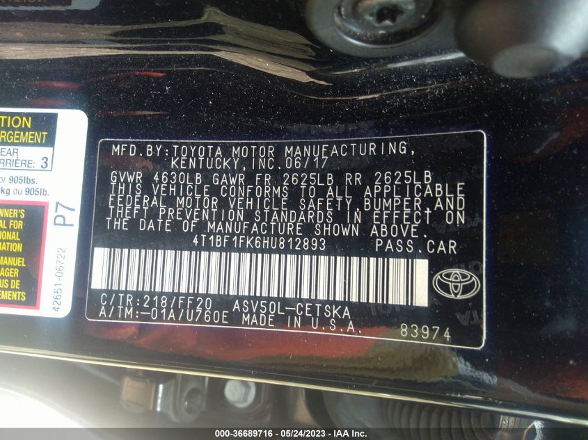 2017 TOYOTA CAMRY XLE/SE/LE/XSE - 4T1BF1FK6HU812893
