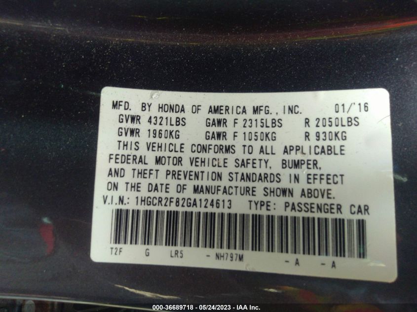 2016 HONDA ACCORD SEDAN EX-L - 1HGCR2F82GA124613