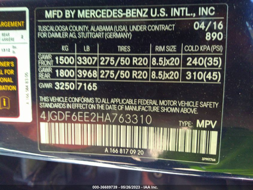 2017 MERCEDES-BENZ GLS GLS 450 - 4JGDF6EE2HA763310