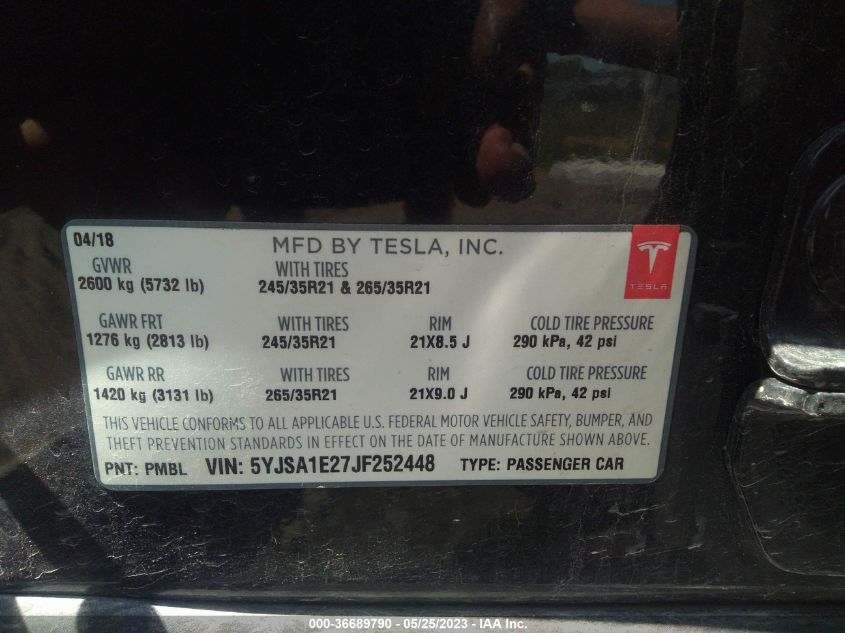 2018 TESLA MODEL S 75D/100D/P100D - 5YJSA1E27JF252448