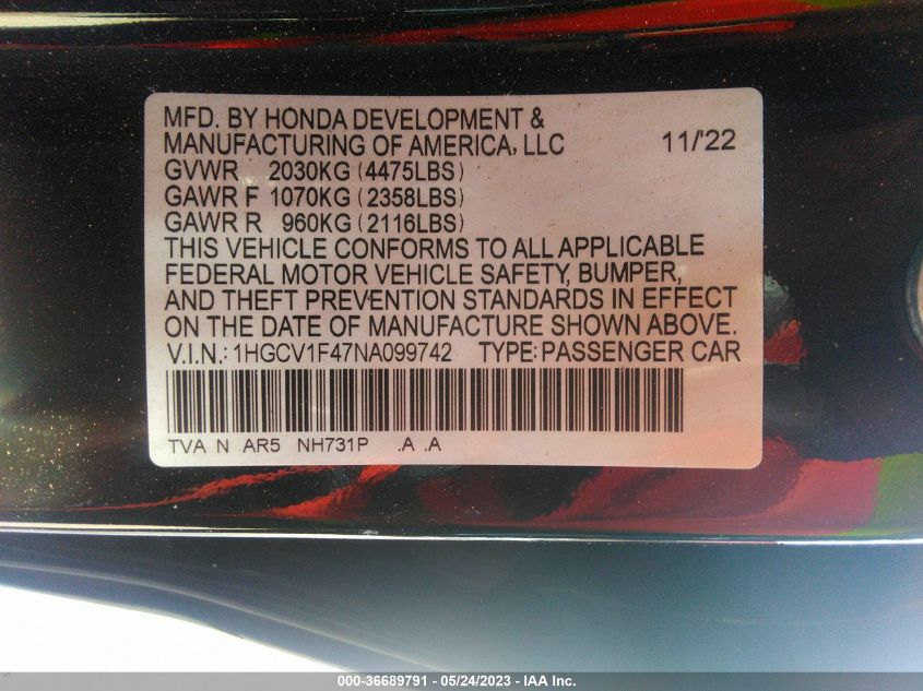 2022 HONDA ACCORD SEDAN SPORT SE - 1HGCV1F47NA099742