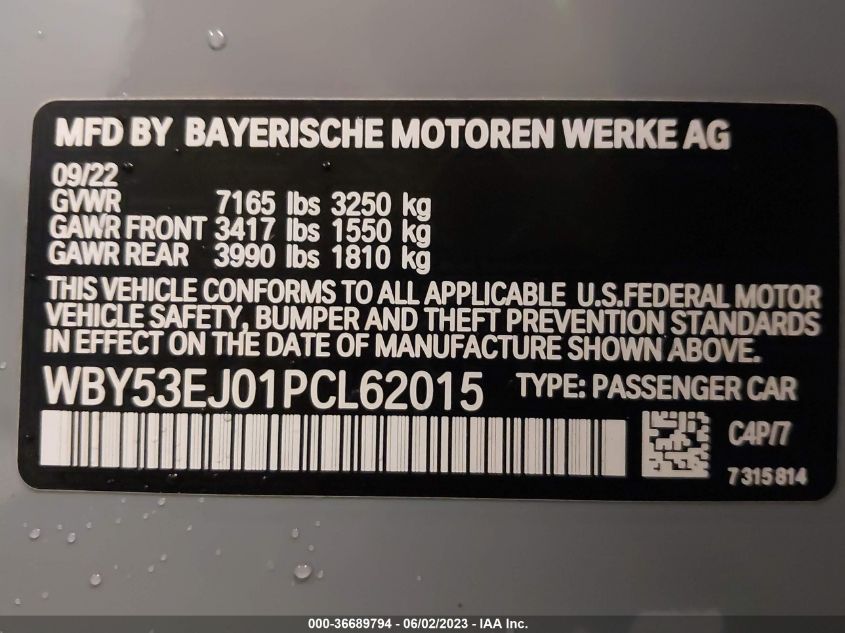 2023 BMW I7 XDRIVE60 WBY53EJ01PCL62015