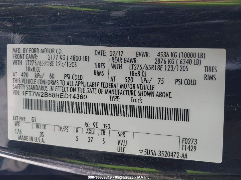 2017 FORD F-250 XLT - 1FT7W2B68HED14360