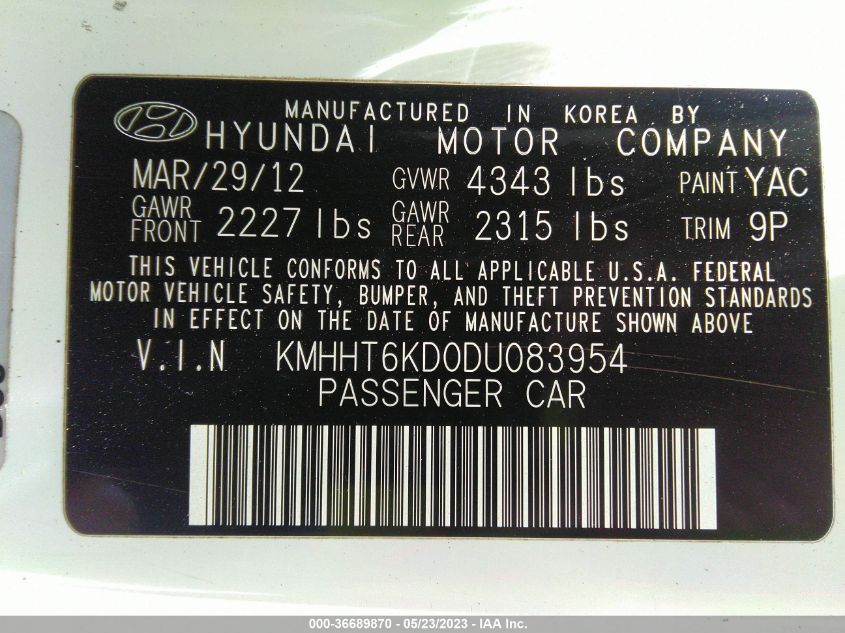 2013 HYUNDAI GENESIS COUPE 2.0T PREMIUM KMHHT6KD0DU083954