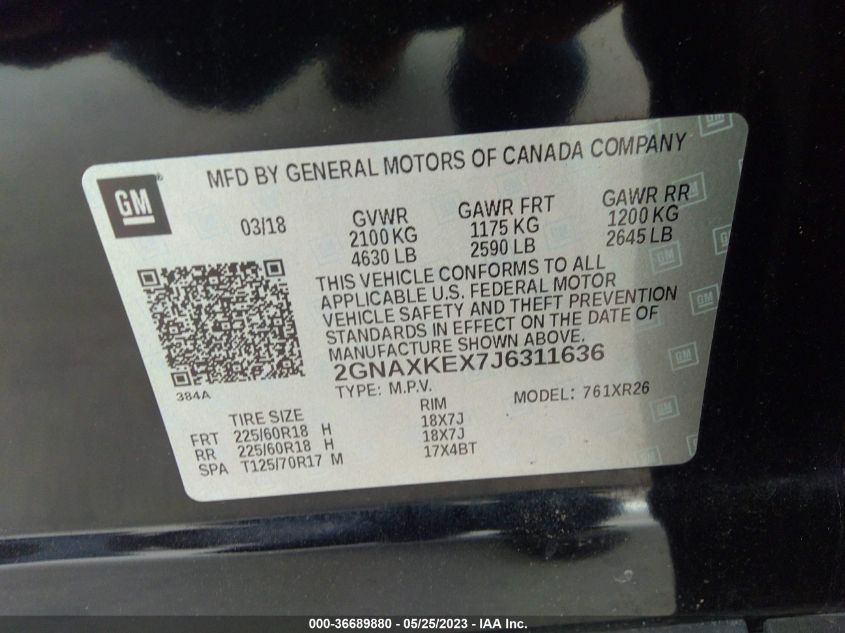 2018 CHEVROLET EQUINOX LT - 2GNAXKEX7J6311636