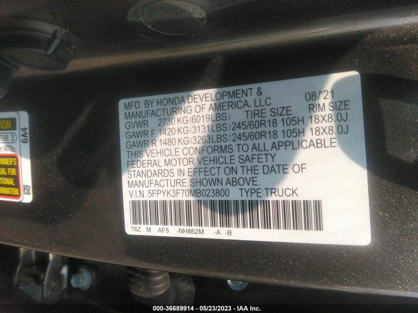 VIN 5FPYK3F70MB023800 2021 HONDA RIDGELINE RTL-E