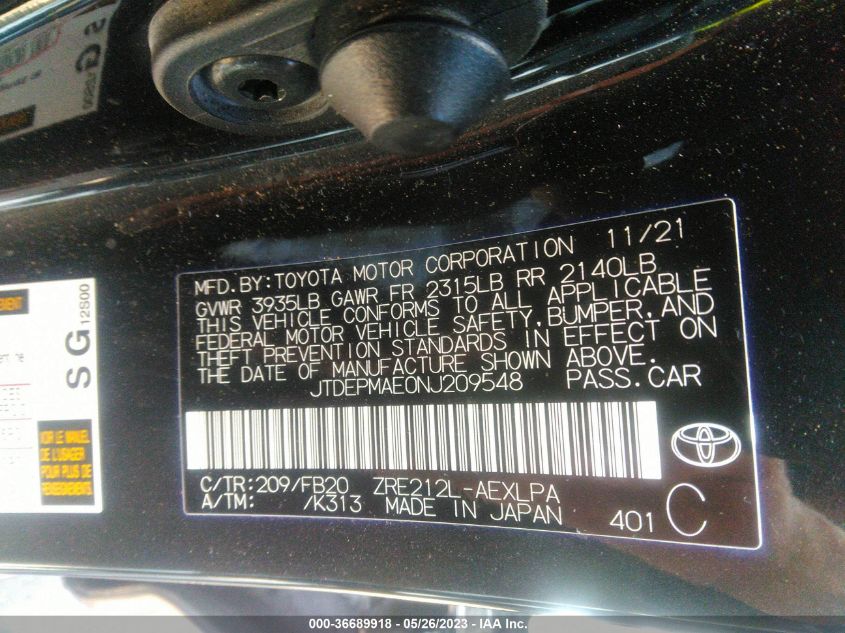 2022 TOYOTA COROLLA LE - JTDEPMAE0NJ209548