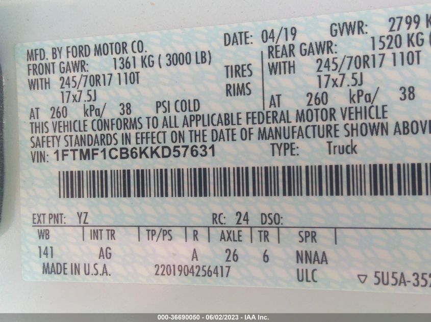 2019 FORD F-150 XL/XLT - 1FTMF1CB6KKD57631
