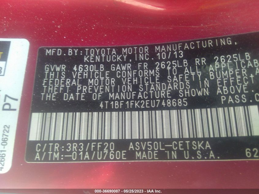 2014 TOYOTA CAMRY L/LE/XLE/SE/SE SPORT - 4T1BF1FK2EU748685