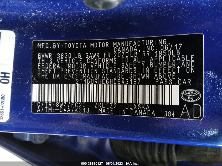 2017 TOYOTA COROLLA L/LE/XLE/SE - 2T1BURHE6HC943187