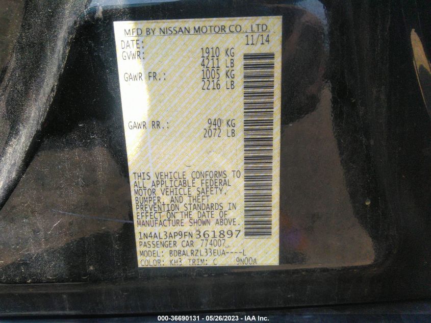 2015 NISSAN ALTIMA 2.5 SL - 1N4AL3AP9FN361897