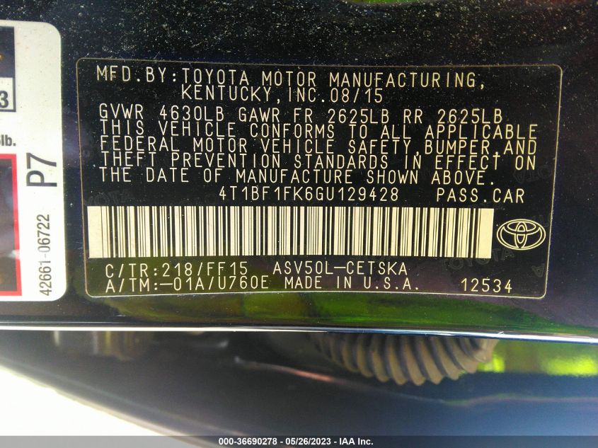 2016 TOYOTA CAMRY XLE/SE/LE/XSE - 4T1BF1FK6GU129428