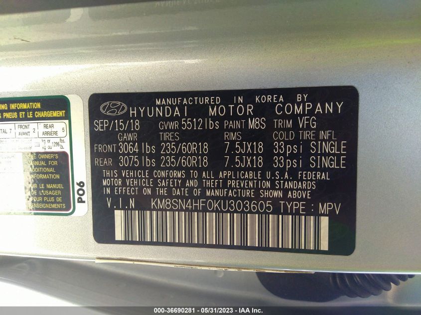 2019 HYUNDAI SANTA FE XL SE - KM8SN4HF0KU303605