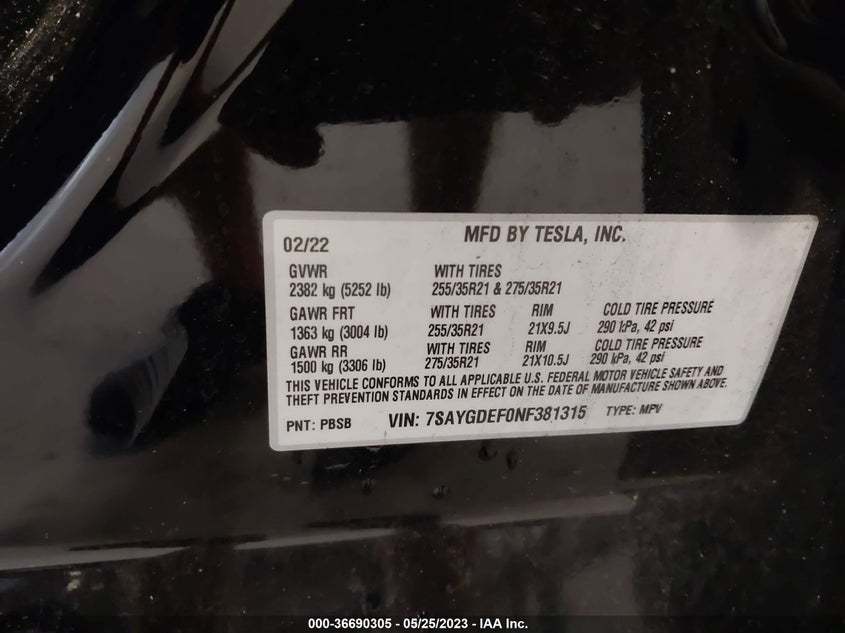 VIN 7SAYGDEF0NF381315 2022 TESLA MODEL Y PERFORMANCE